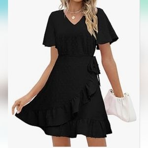 NIASHOT small Summer Dresses for Women Wrap V Neck Swiss Dot Ruffle Mini Dress